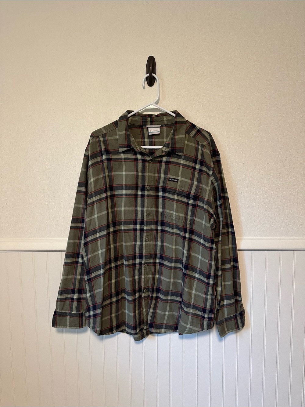 Columbia Plaid Button Down Shirt Long Sleeve Olive Green Navy - Men's XL